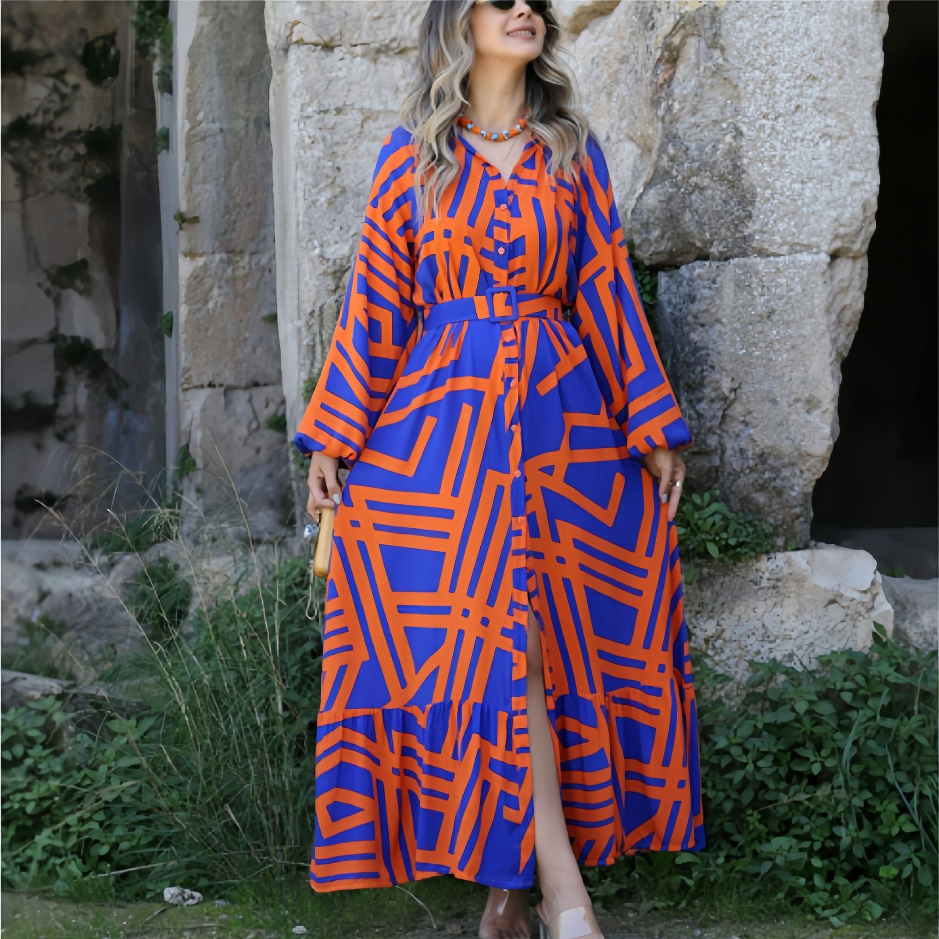 Variant image for Fina Dam Klänningar Lång Klänning Tryckt Polyester med Bälte-6