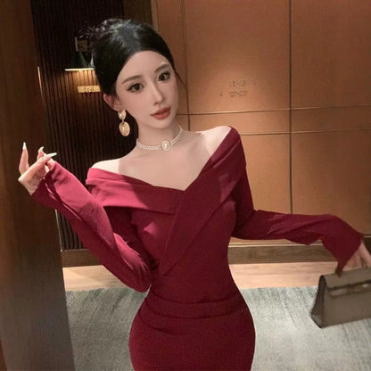 Kvinnors Off-Shoulder Klänning V-Halsad Polyester Elastan-2