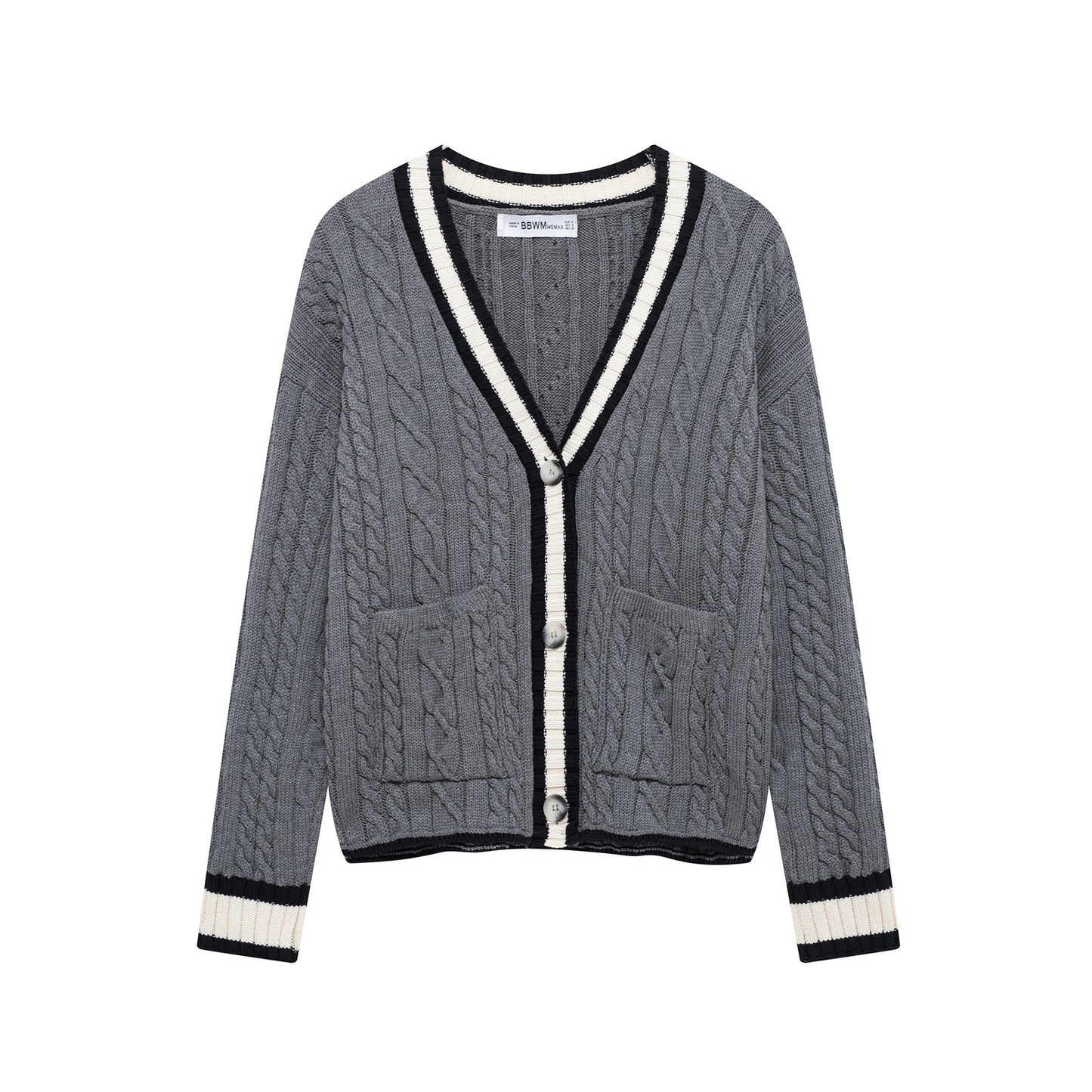 Kvinnors Cardigan Flätmönster Bomullsmix med Kontrastdetaljer-1