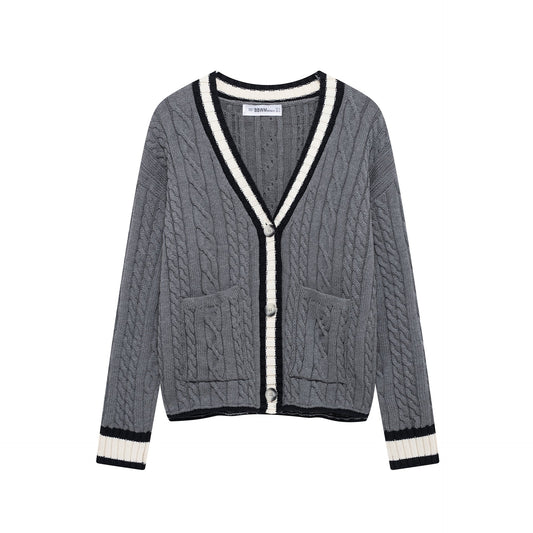 Kvinnors Cardigan Flätmönster Bomullsmix med Kontrastdetaljer-1