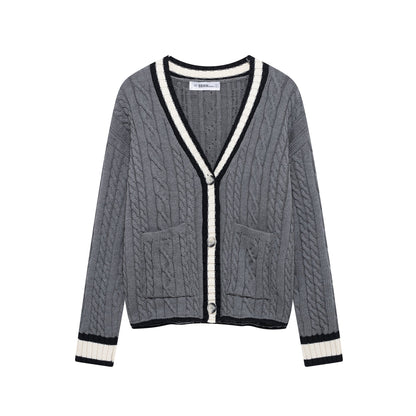 Variant image for Kvinnors Cardigan Flätmönster Bomullsmix med Kontrastdetaljer-1