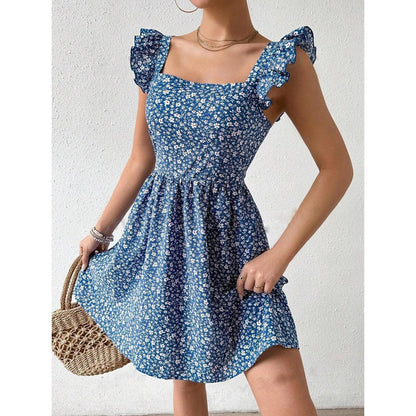 Dam Sommarklänning Blommönster med Rufflar i Andningsbart Tyg 6