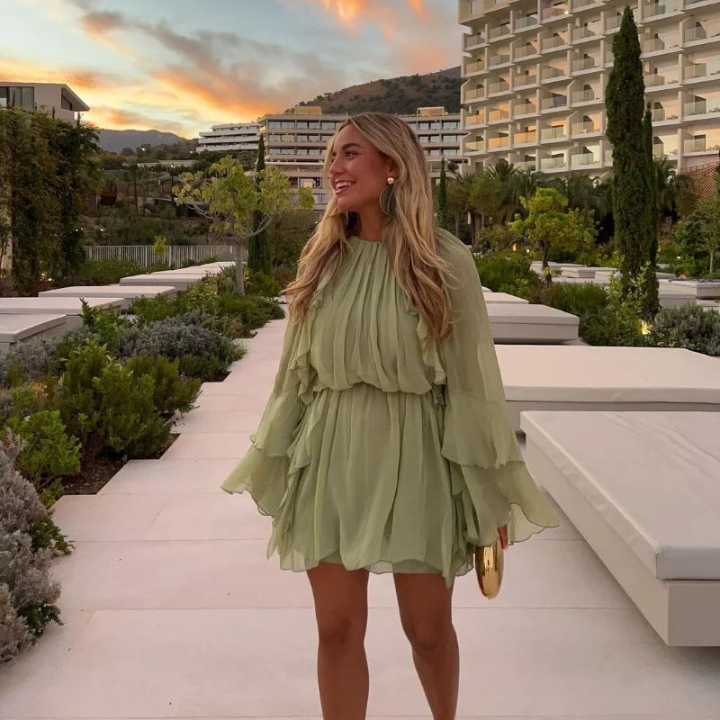 Kvinnors Trädgårdsklänning Ruffles Transparenta Ärmar Andningsbara Tyger 2