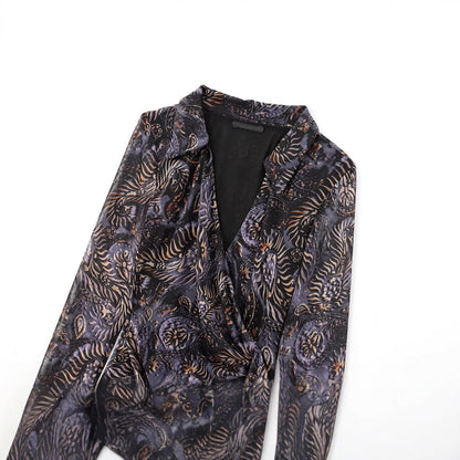 Dam Blus Asymmetrisk Design Blommönster Lätt Tyg-3