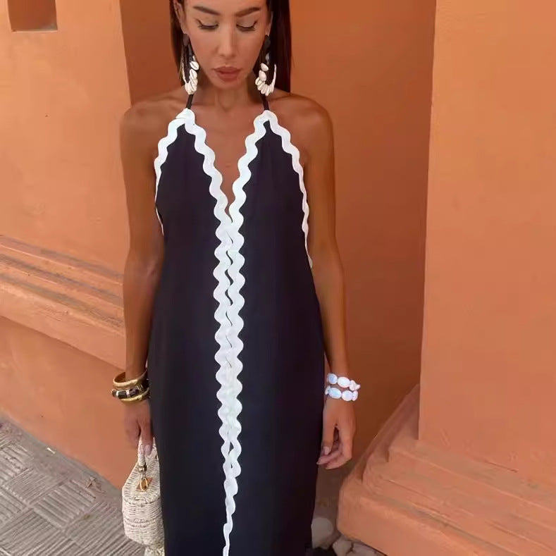 Maxiklänning Dam Flödande Snitt med Blöjhalring och Kontrastkant Lätt Tyg 3