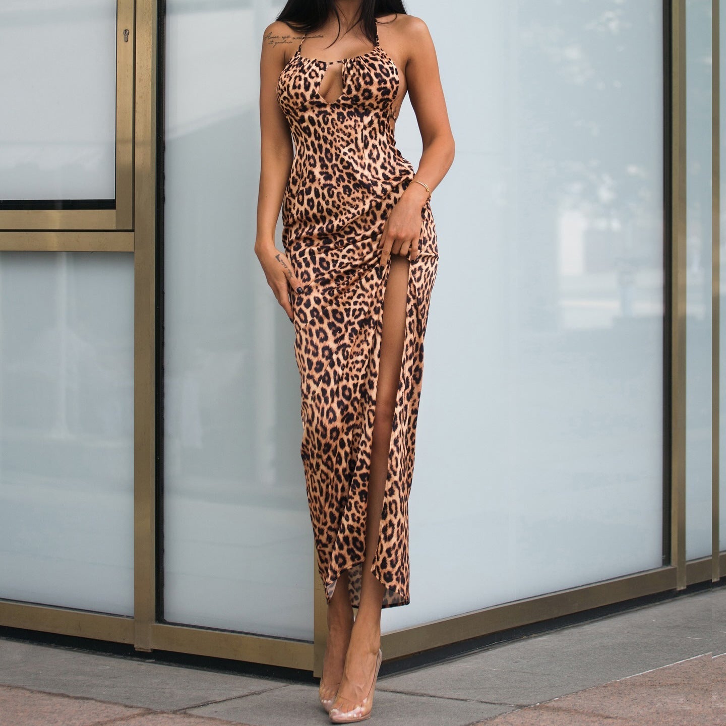 Dam Cocktailklänning Leopardmönster Elastisk Med Slottdetaljer 3
