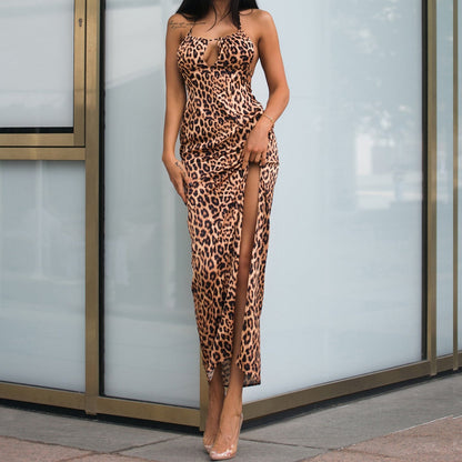 Dam Cocktailklänning Leopardmönster Elastisk Med Slottdetaljer 3