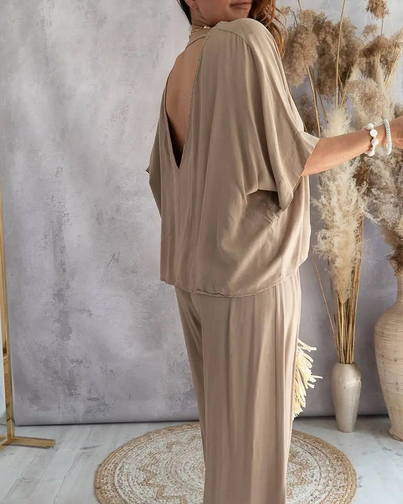 Dam Set Batwing Ärmar Långa Byxor Polyester-3