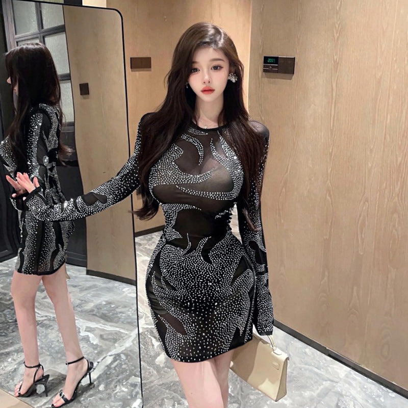 Kort Klänning Dam Långärmad Transparent Strass Polyester-1