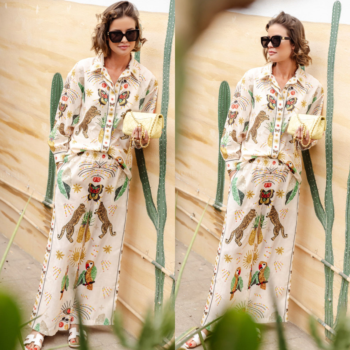 Dam Tryckt Skjorta och Byxor Set Avslappnad Polyester Sommarkläder-5