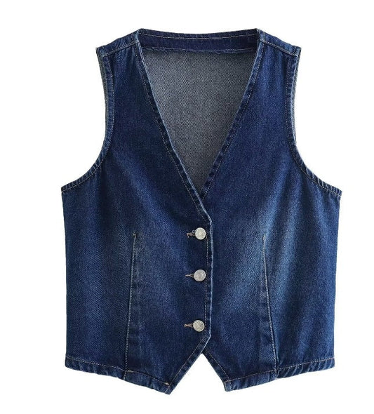 Dam Jeansväst V-ringning Figurbetonad Denim med Eleganta Knappar 1