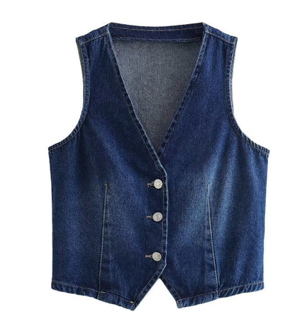 Dam Jeansväst V-ringning Figurbetonad Denim med Eleganta Knappar 7