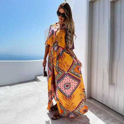 Dam Maxiklänning Blommönster Volangärmar Polyester-2