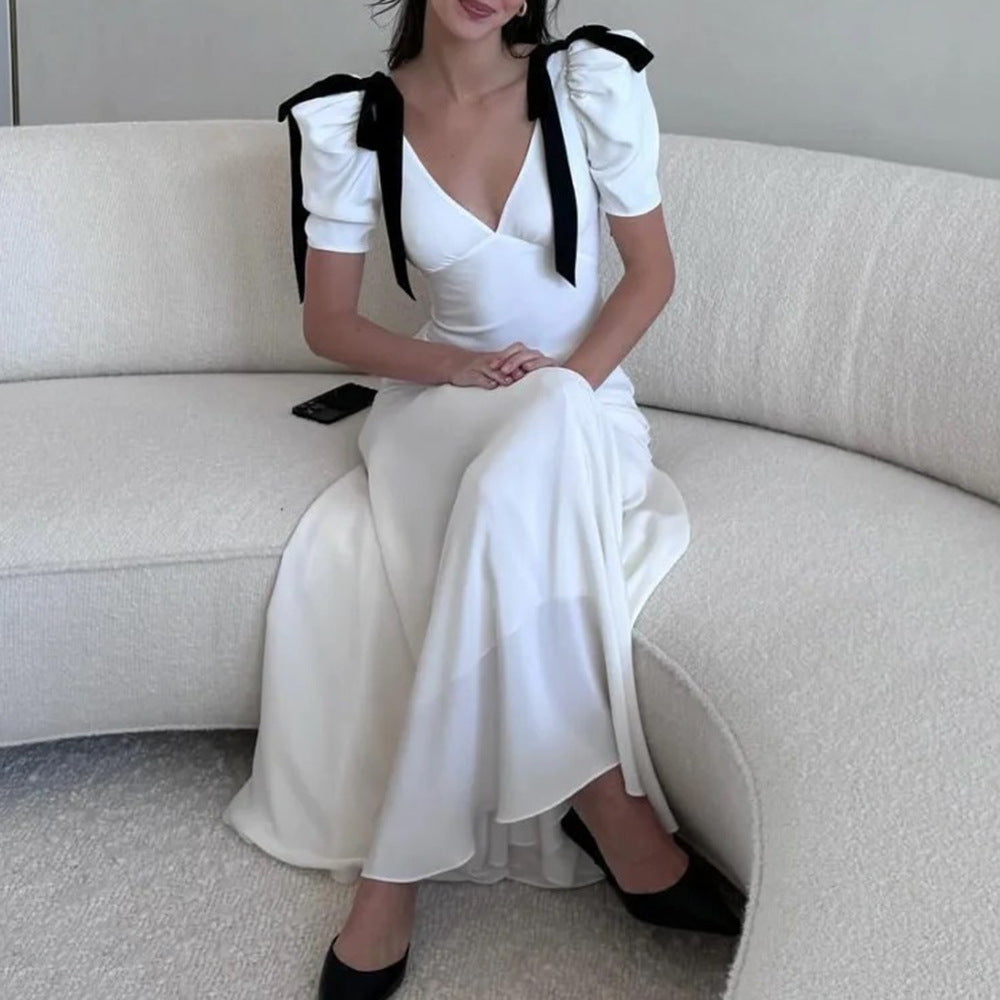 Dam Klänning V-ringad med Puffärmar i Polyester Fina Dam Klänningar 3