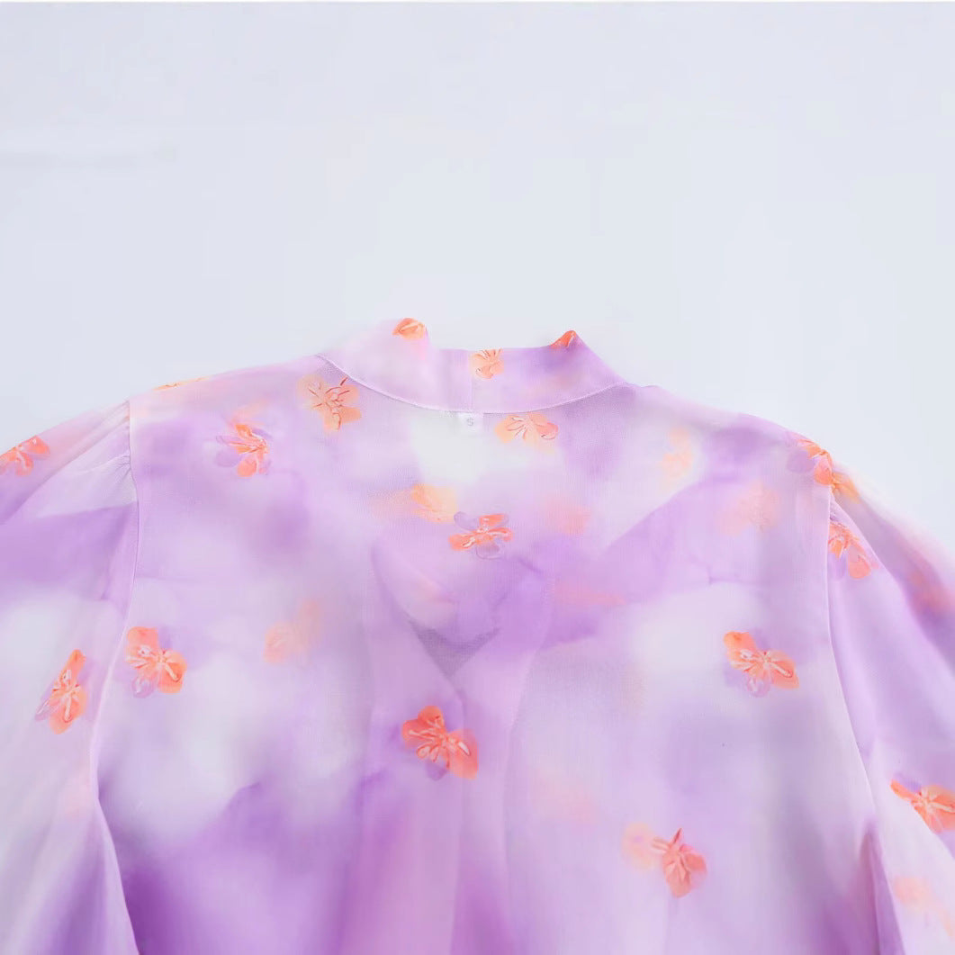 Dam Chiffon Blus Rynkade Ärmar Luftig Avslappnad Passform 4