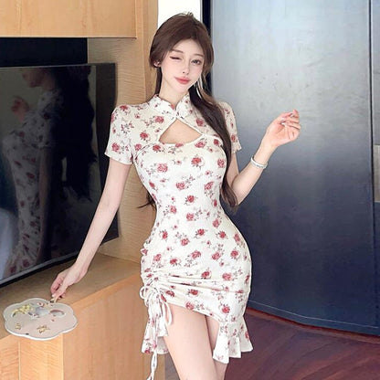 Kvinna Kort Kjol Blommig Design Kristallbomull med Låg Slits och Dubbel Krage 3