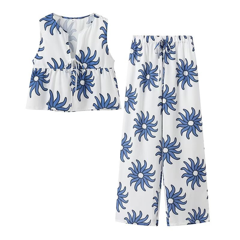 Dam Fritidsuppsättning Ärmlös Kofta Polyester Långa Byxor-3