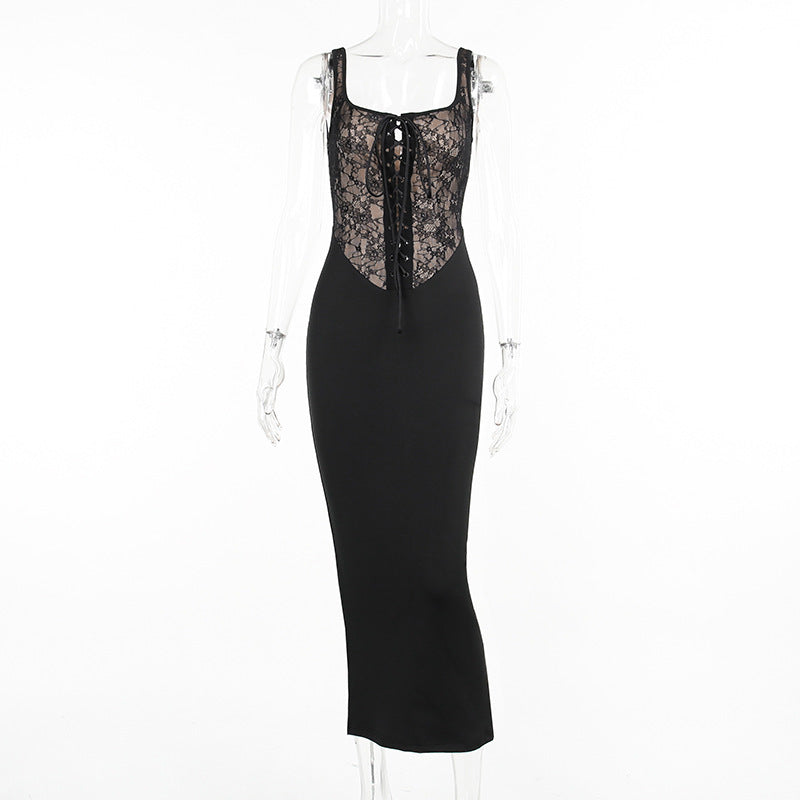 Maxiklänning Dam Blommiga Spetsinsatser Figurformande Polyester Blend 8