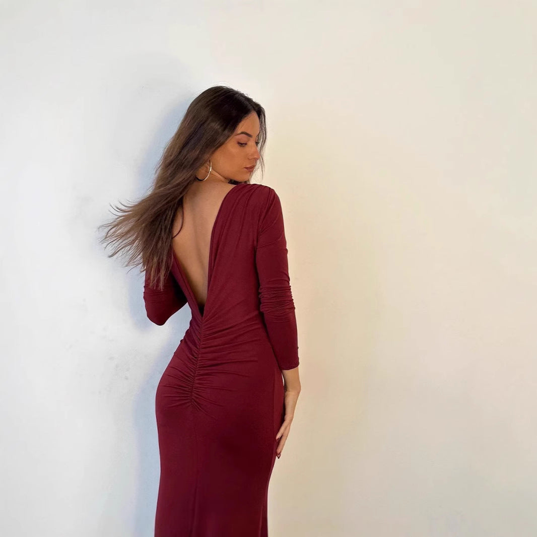 Dam Klänning Långärmad V-hals Enfärgad Högkvalitativt Tyg-4