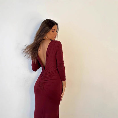 Dam Klänning Långärmad V-hals Enfärgad Högkvalitativt Tyg-4