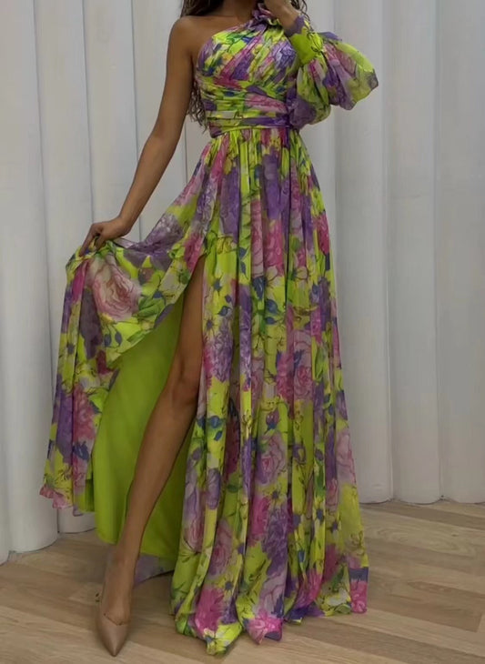 Dam Maxiklänning Asymmetrisk Blommönster Polyester 1