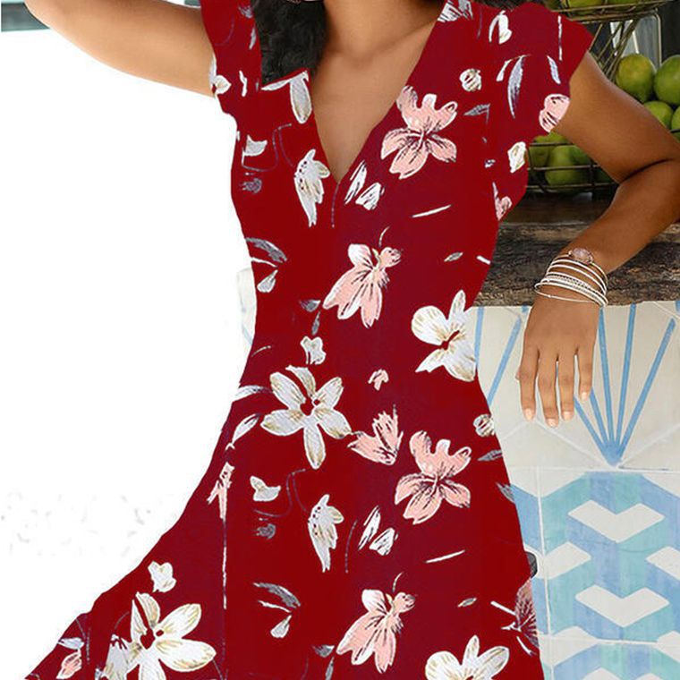 Fina Dam Klänningar V-ringad A-linjeformad med Tryckta Blommor Bomull och Polyester-2
