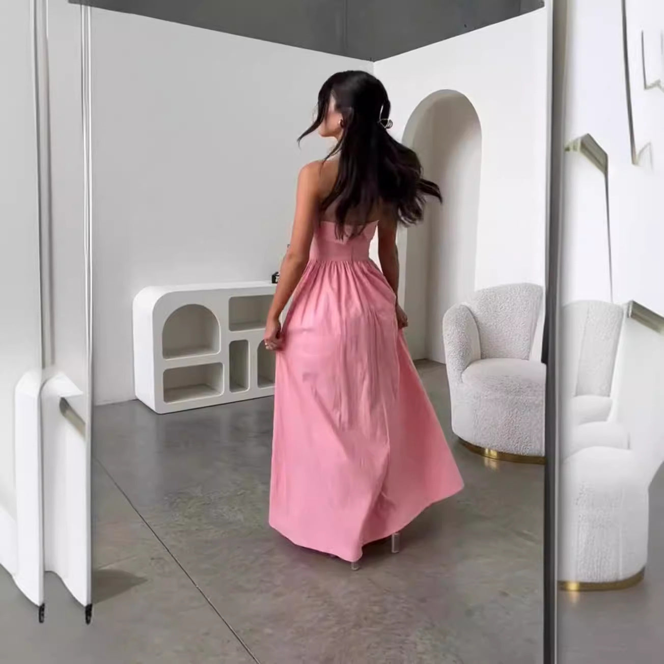 Kvinnors Off-the-Shoulder Klänning Lång Spandex-5