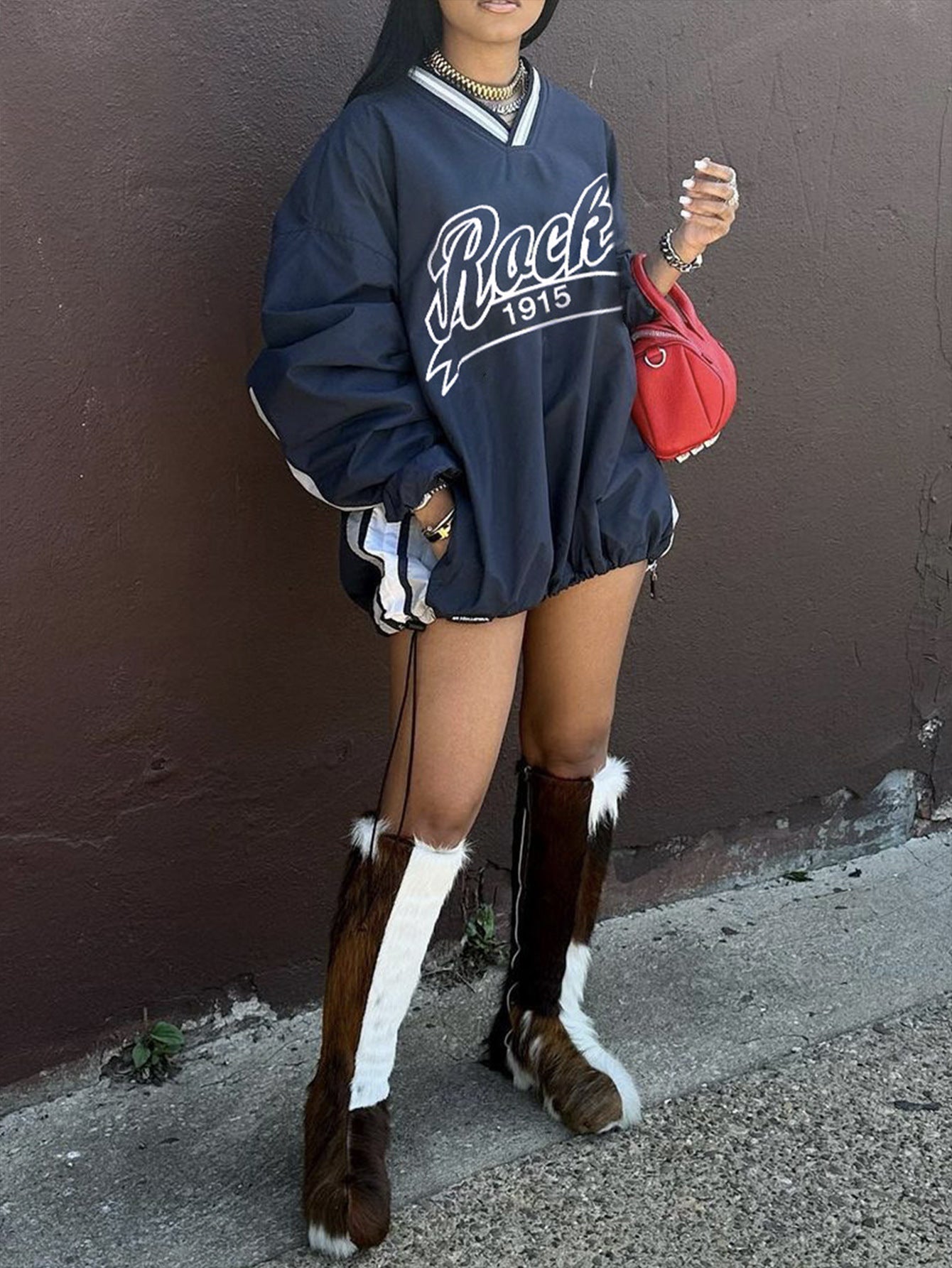 Dam Tröja V-Hals Streetwear Polyester Färgblock-1