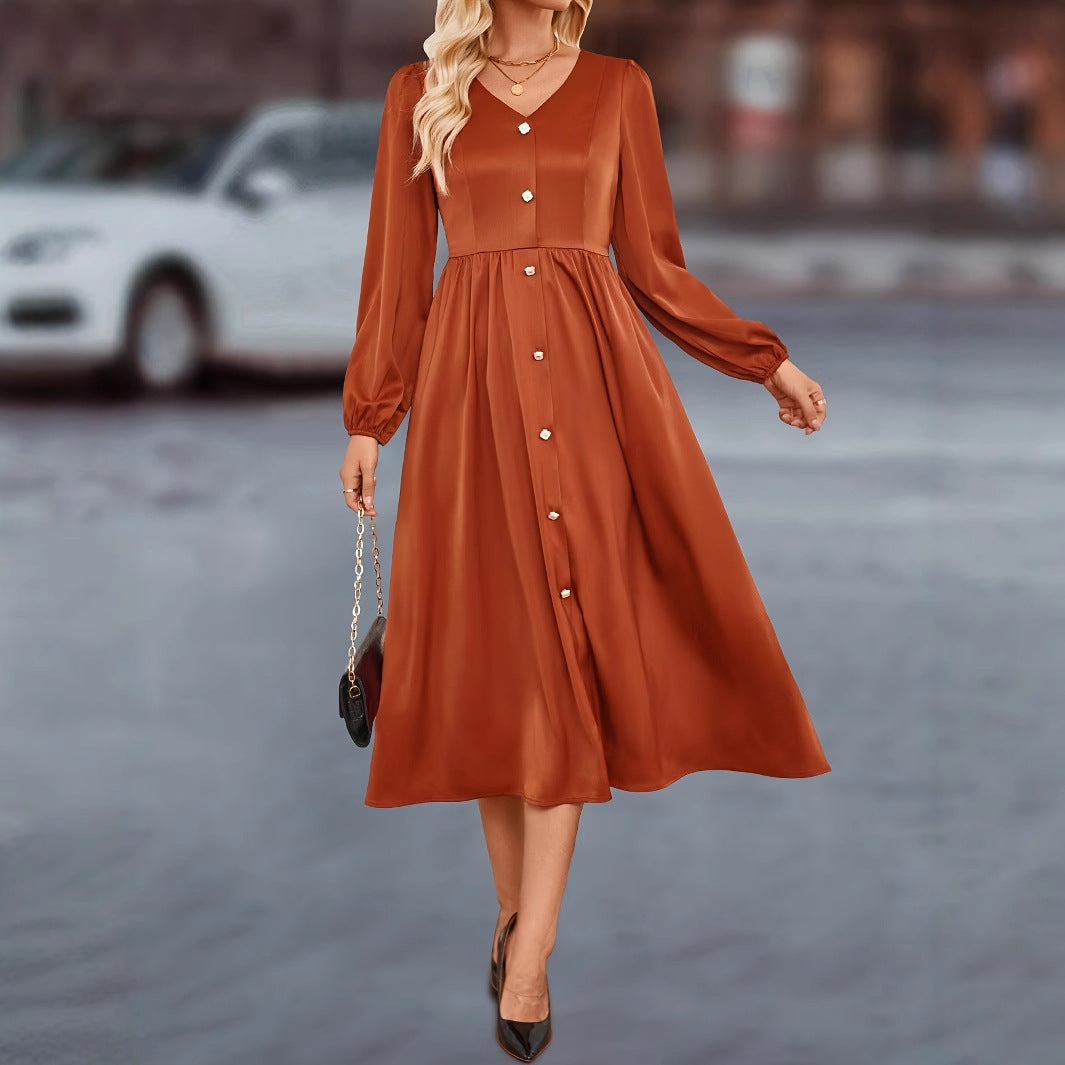 Kvinnor Chiffongklänning Knälängd med Knappdetalj och Uthyrda Ärmar 7