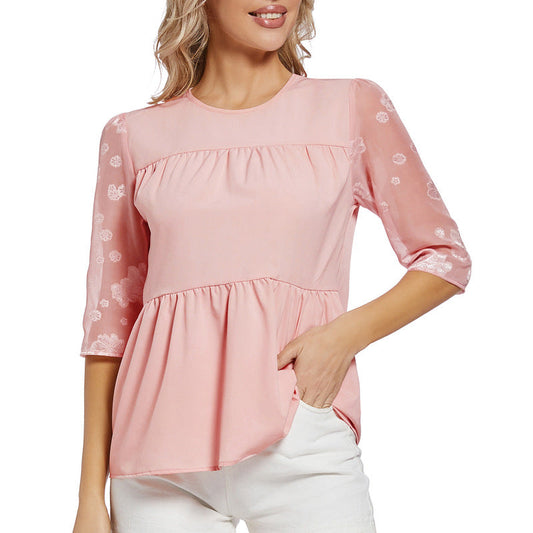 Dam Blus Minimalistisk Chiffong med Puffärmar-1