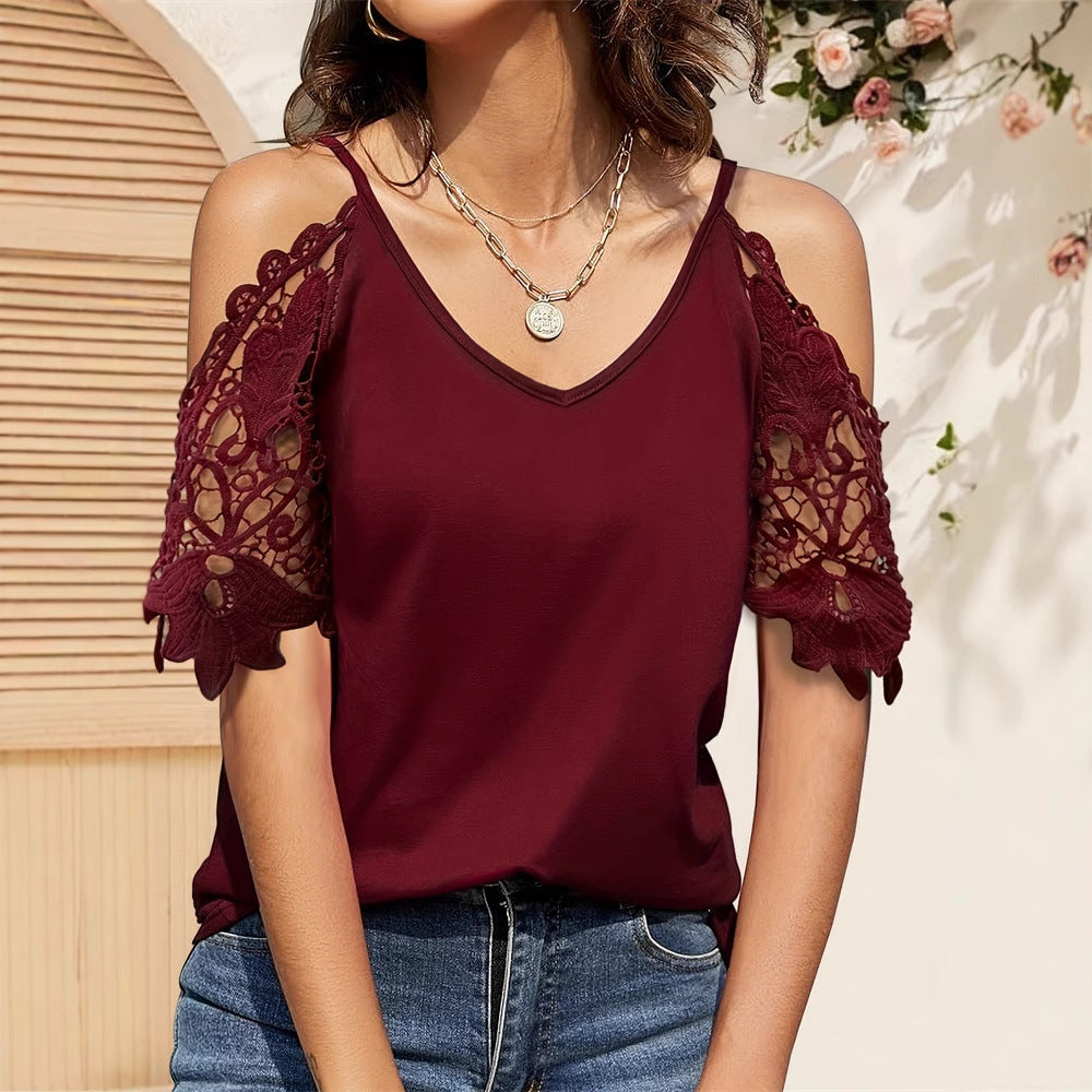 Dam Topp V-ringning Klippta Ärmar Andningsbart Tyg 1