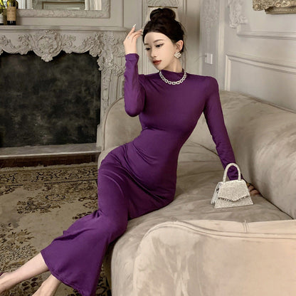 Dam Klänning Rundhals Slim Fit Lång Polyester Fina Dam Klänningar-4