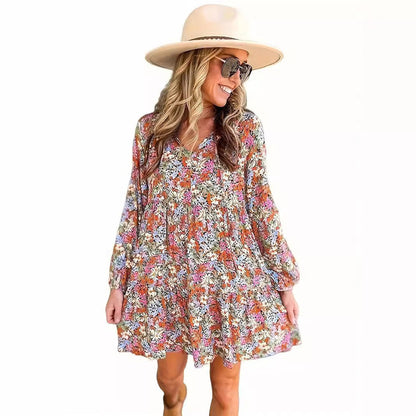 Dam Klänning Blommig Midi V-Hals Långärmad Polyester-4