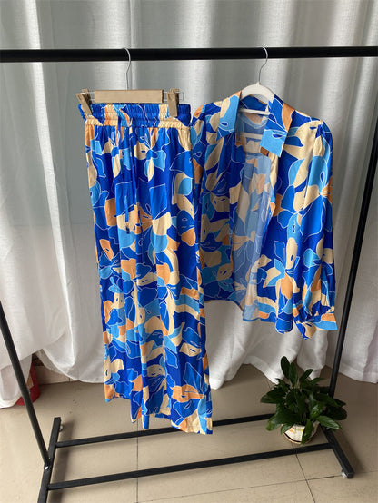 Kvinnors Tvådelat Set Långärmad Skjorta med Puffärmar och Bredbyxor Polyester 5