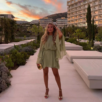 Kvinnors Trädgårdsklänning Ruffles Transparenta Ärmar Andningsbara Tyger 5