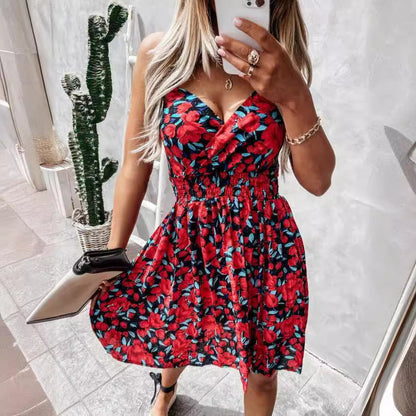 Kvinnors Midi Klänning Blommig V-Ringning Polyester A-Linjeformad-3