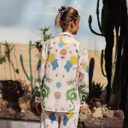 Matchande Set Dam Blommig Långärmad Skjorta och Byxor 100% Bomull 4