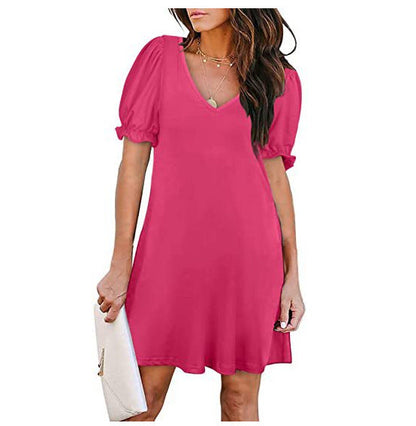 Kvinna Kort Armklänning V-ringning Lätt Tyg Puffade Ärmar 7