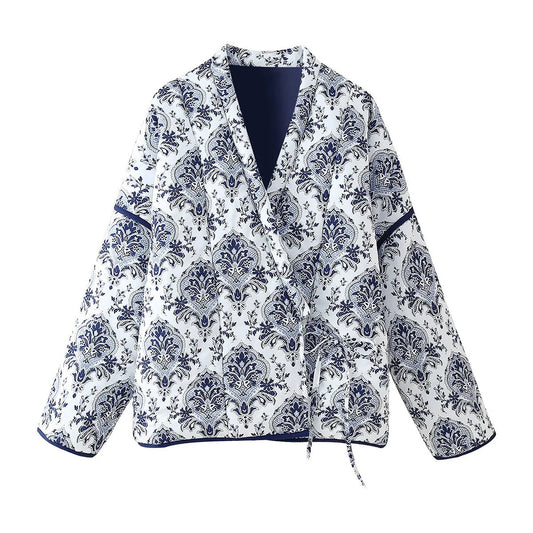 Kvinnor Quiltad Jacka Blommönster Jacquard-1