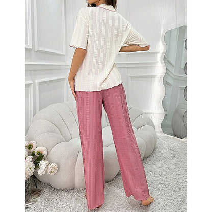 Dam Pyjamas Set V-ringad Kortärmad Polyester med Långa Byxor-5