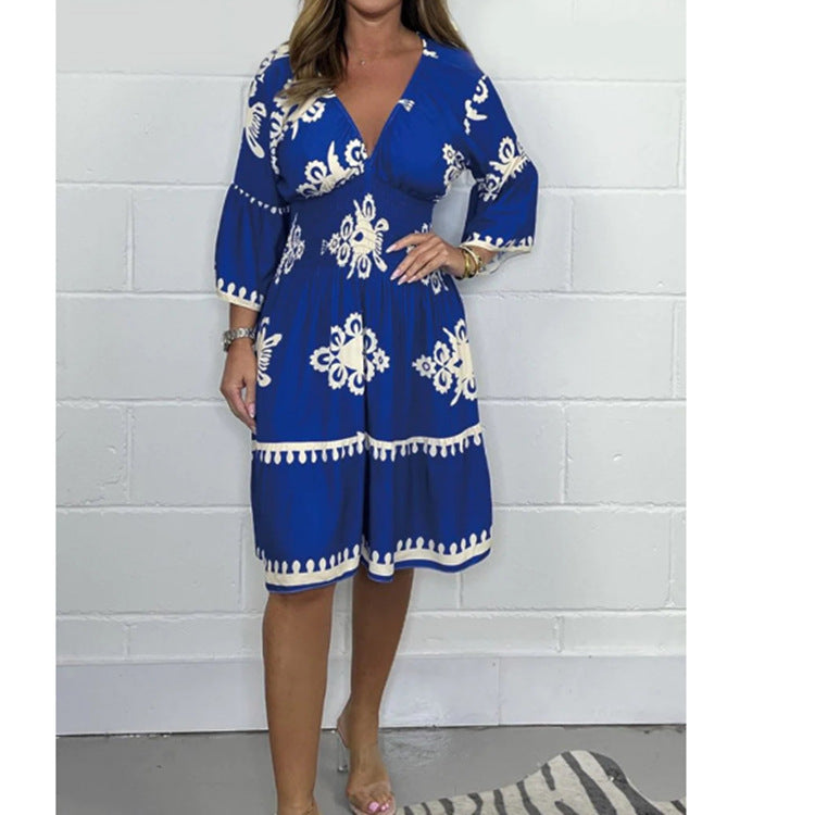 Dam Klänning Tre-kvartsärm Sommartryck Polyester-4