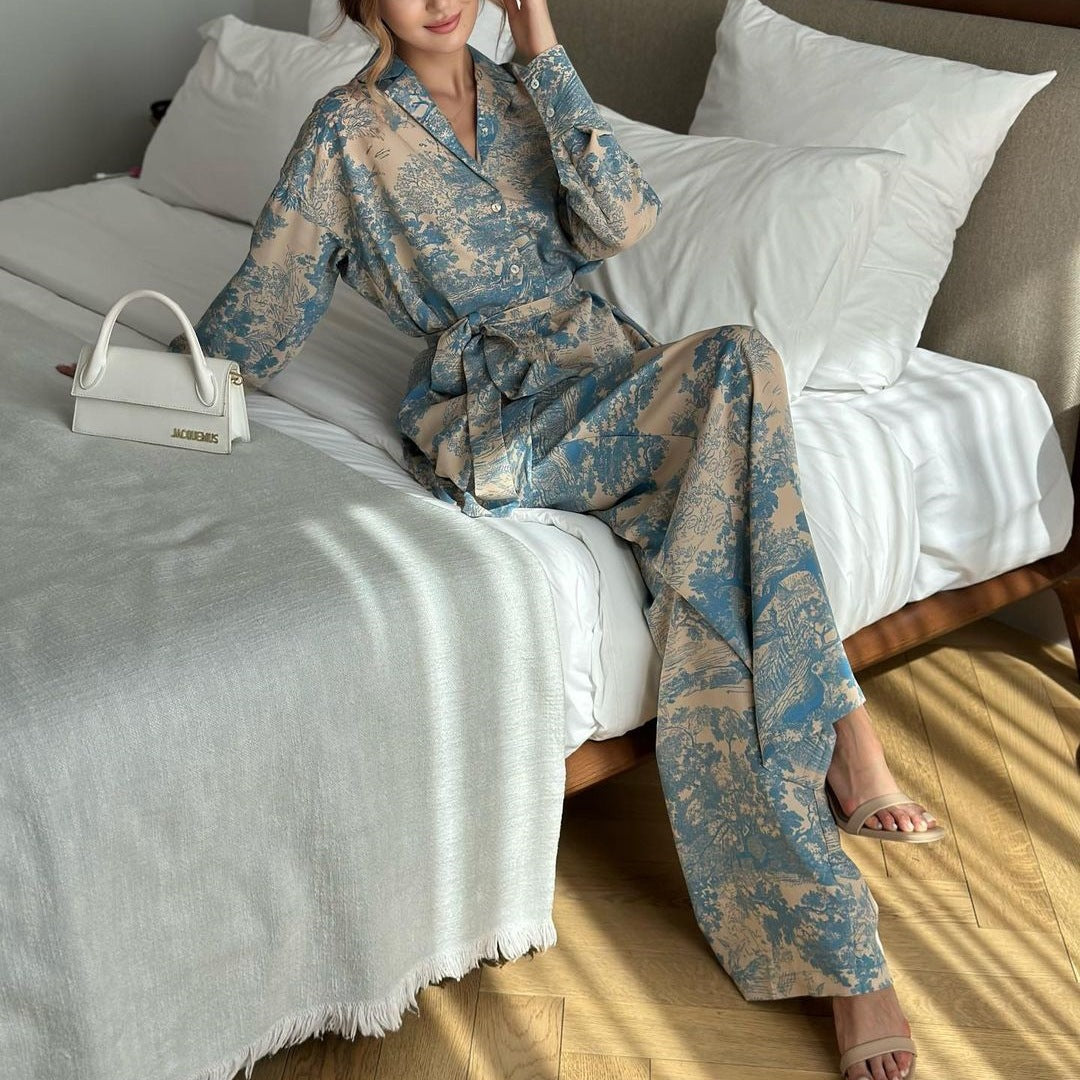 Kvinnors Byxdress Tryckt Skjorta Vida Byxor Polyester 4