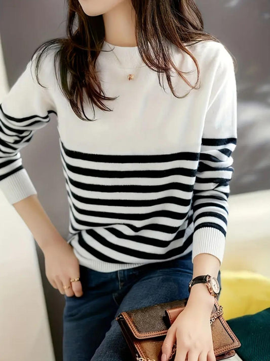 Dam Tröja Randig Löst Passform Polyester med Långa Ärmar-1