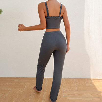 Dam Loungewear Set Spetskant Långa Byxor Polyester-3