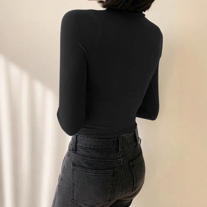 Dam Halvhög Tröja Enfärgad Polyester Långa Ärmar-2