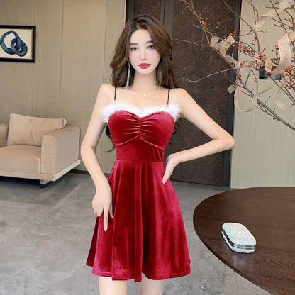 Variant image for Fina Dam Klänningar Off Shoulder Sammet Kort Kjol Spaghetti Strap-1