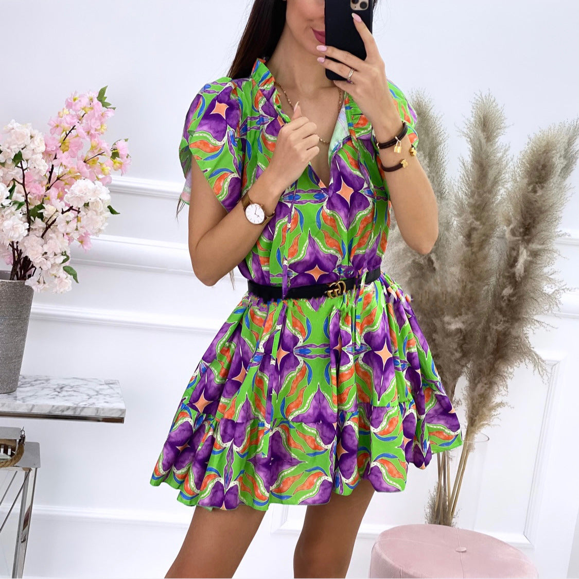 Kvinna Midi Klänning A-linjeformad Polyester Blommönster-4