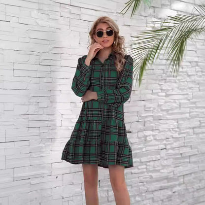 Dam Midi Klänning Skjortstil Patchwork Bomull Polyester med Puffärmar-4