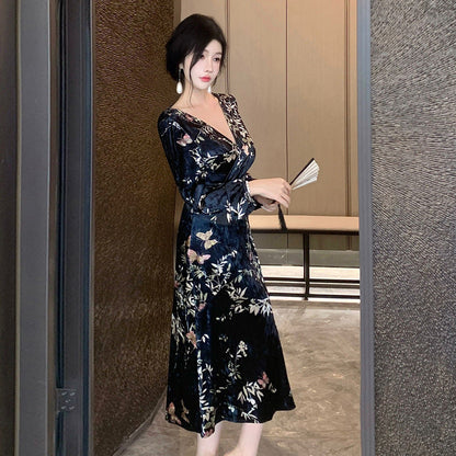 Kvinnors Midi Klänning V-ringning Sammet-4