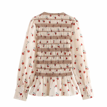 Dam Blus Blommig Design Rynkade Detaljer Lätt Tyg-2